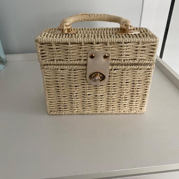 Neiman Marcus Handwoven Rattan Straw Square Beach Bag - Picture 2 of 5